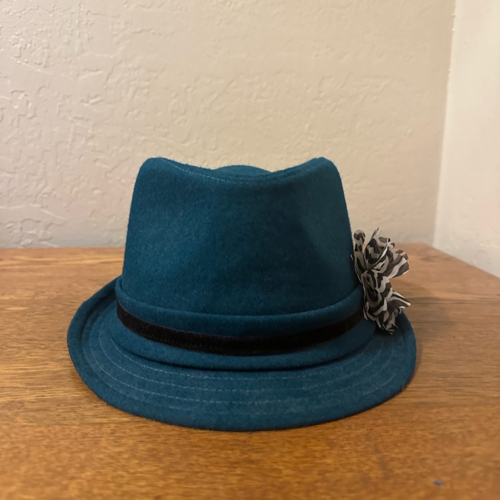Vintage Teal Fedora Hat with Black Band and Floral Accent